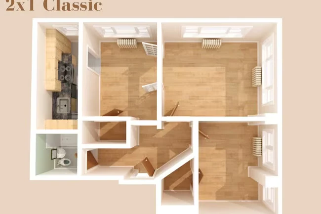2 Bed, 1 Bath Classic Renovated Private Bedroom floor plan